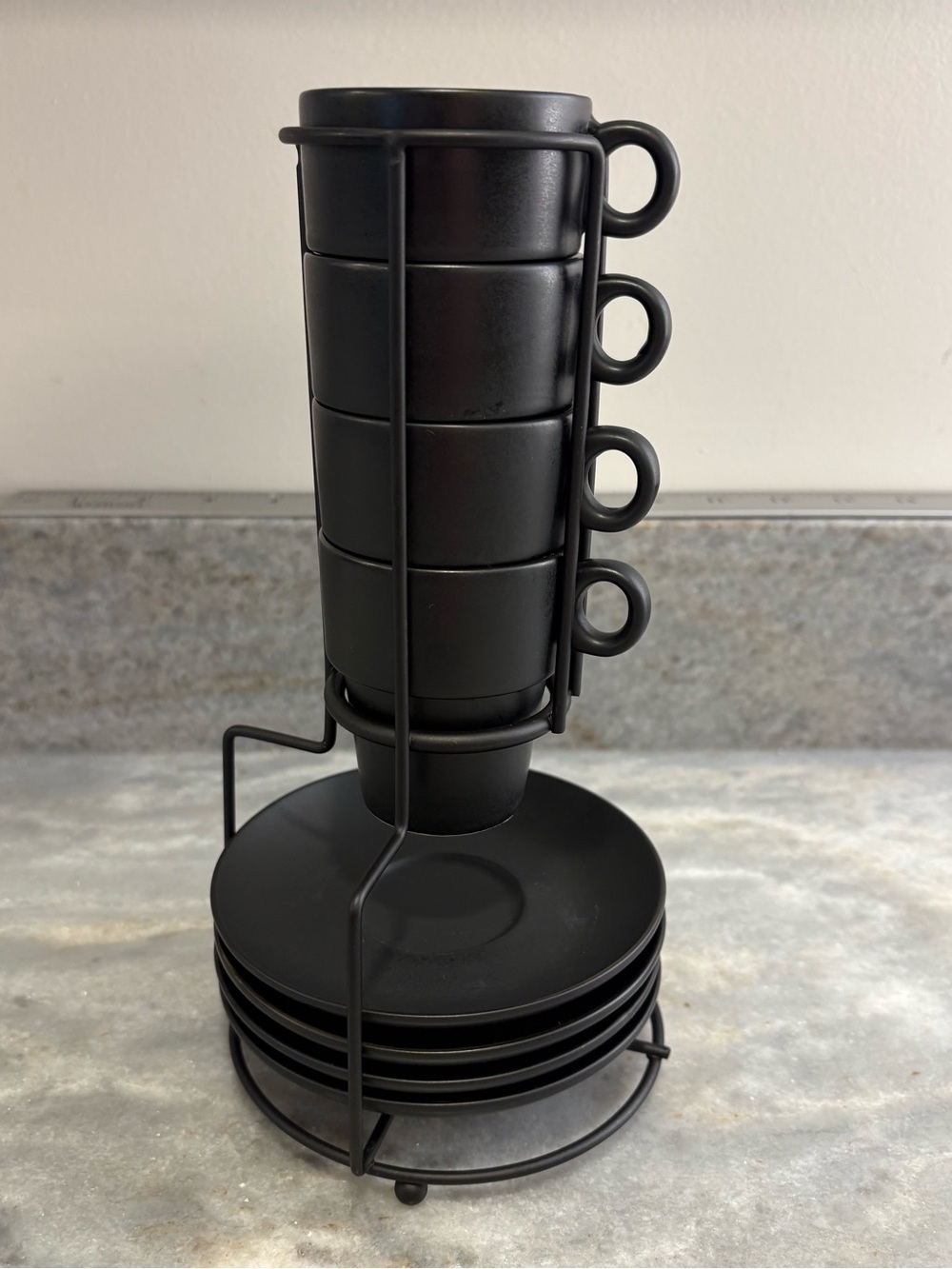 RETIRED Pier 1 Imports Demitasse Espresso 4 Cup  Saucer Stacking Set Matte Black